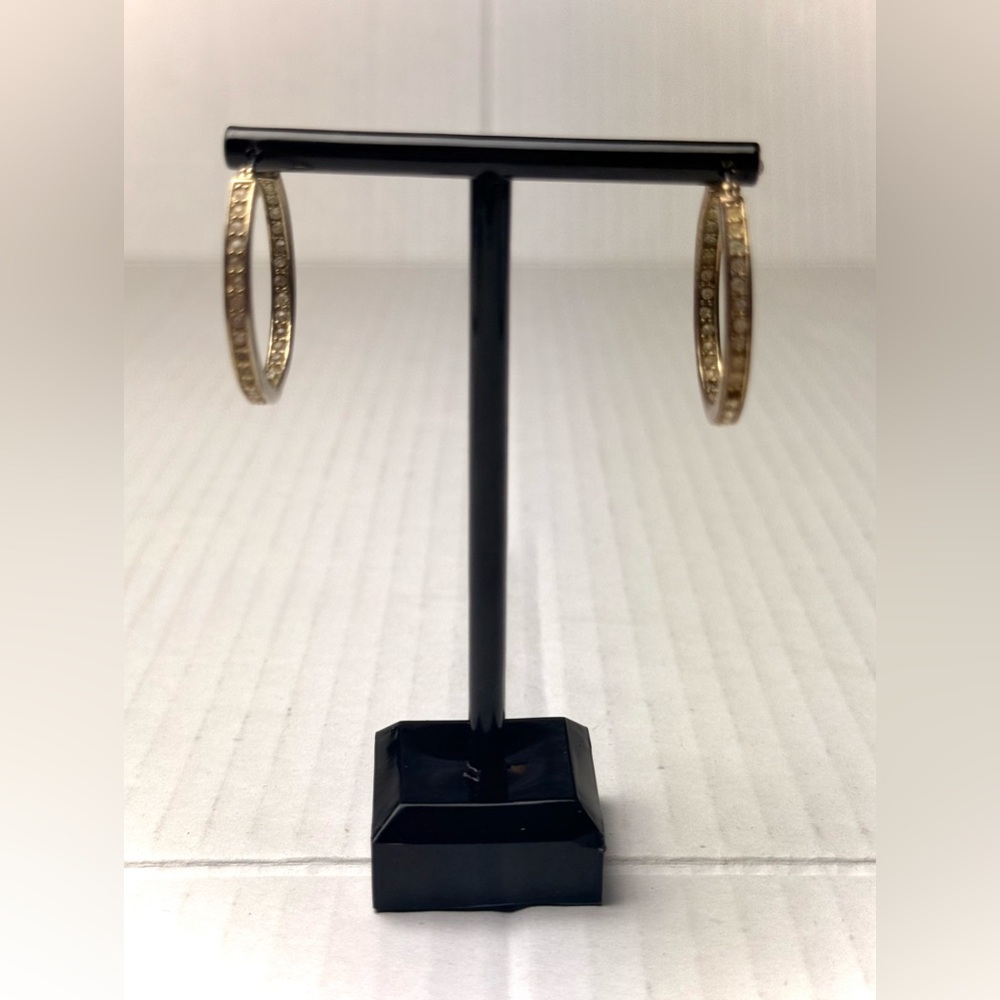 Vintage‎ Monet Signed Channel Set Eternity Band CZ  Hoop Earrings Gold Tone